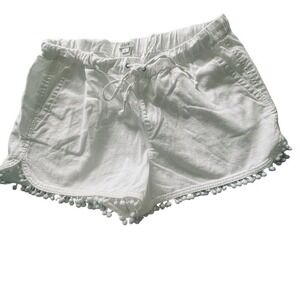 J. Crew Women's Size Medium Shorts Linen Blend Pull On Drawstring Pom Pom White